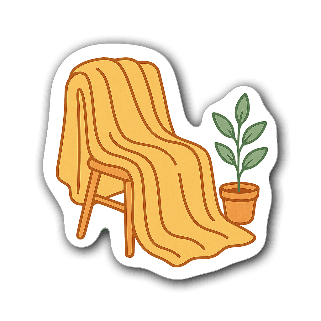 Minimalist line drawing of a cozy blanket on a chair with a plant