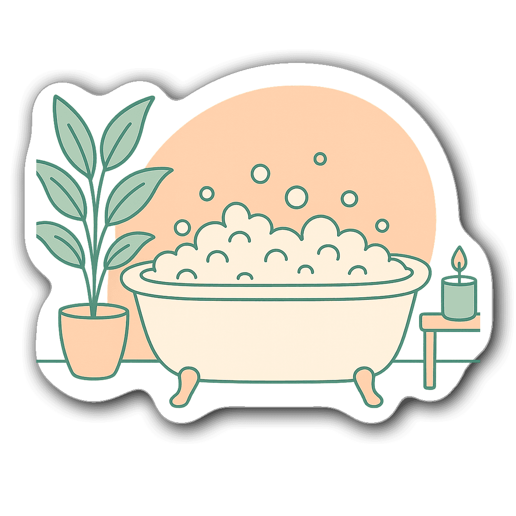 Minimalist line art of a bathtub with bubbles and plant