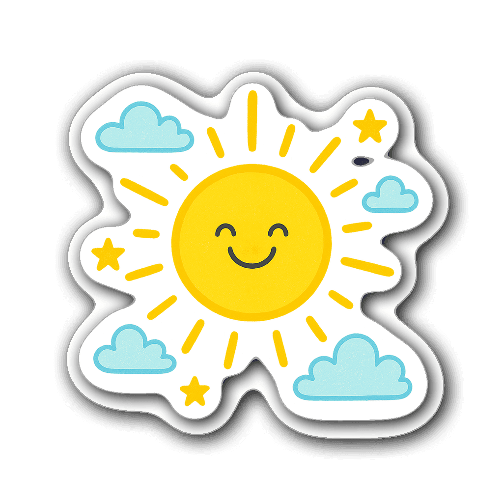 Cheerful sun icon with clouds and stars in bright colors