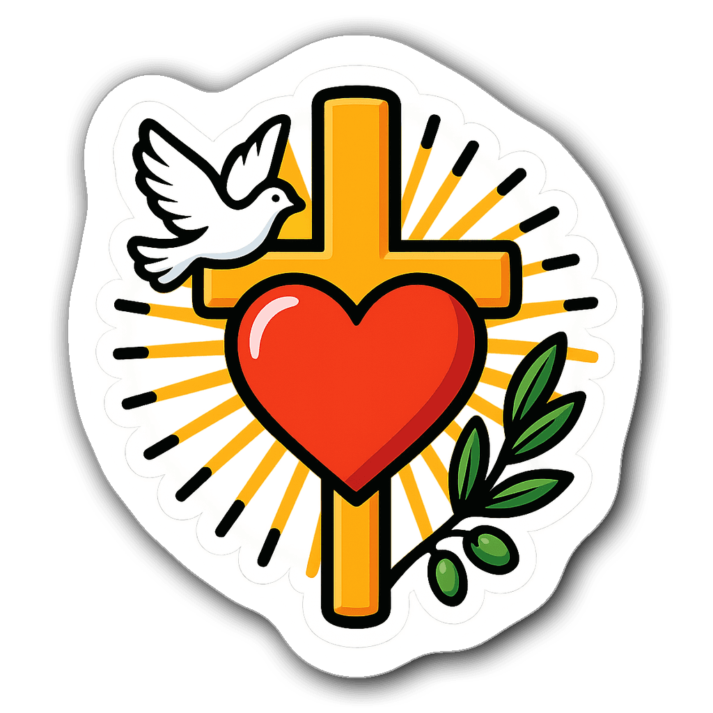 Vibrant heart inside a cross with rays of light and dove