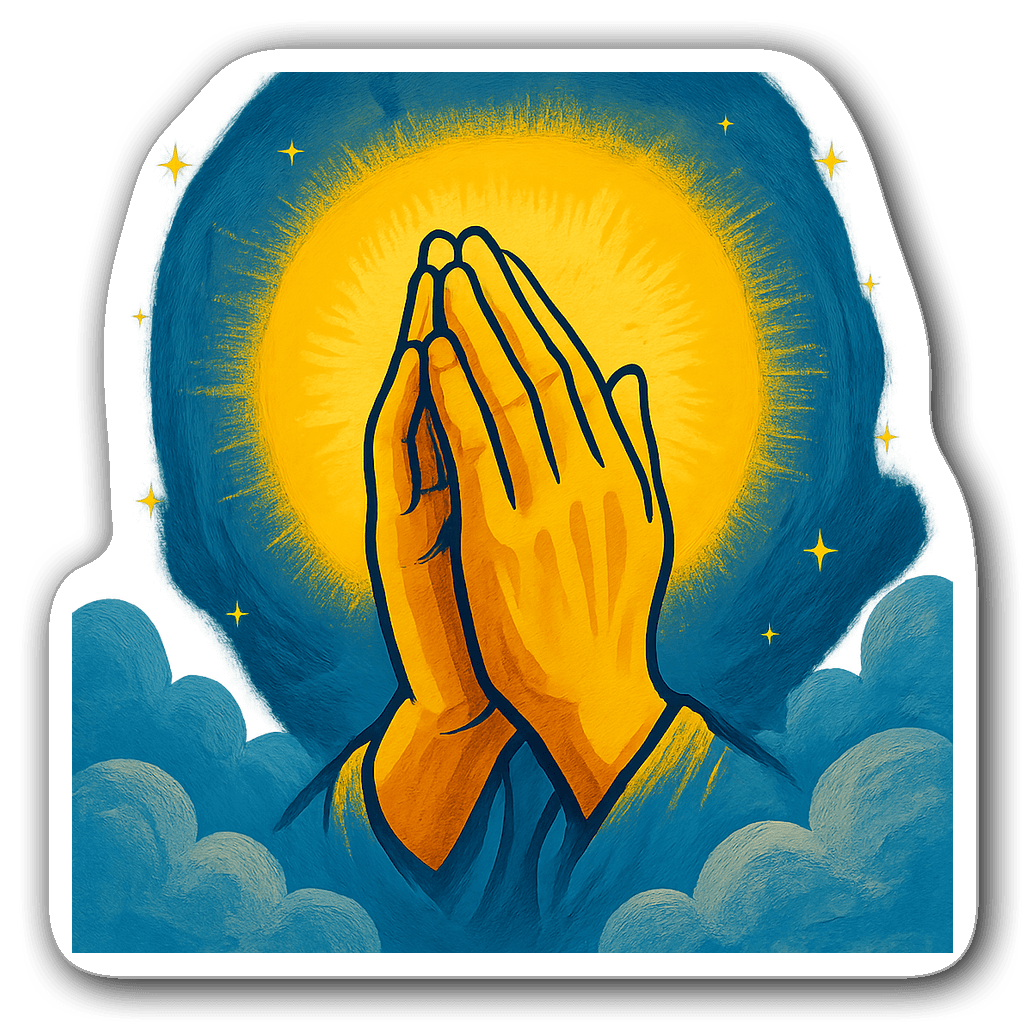 Prayer hands in pop art style with a halo and stars