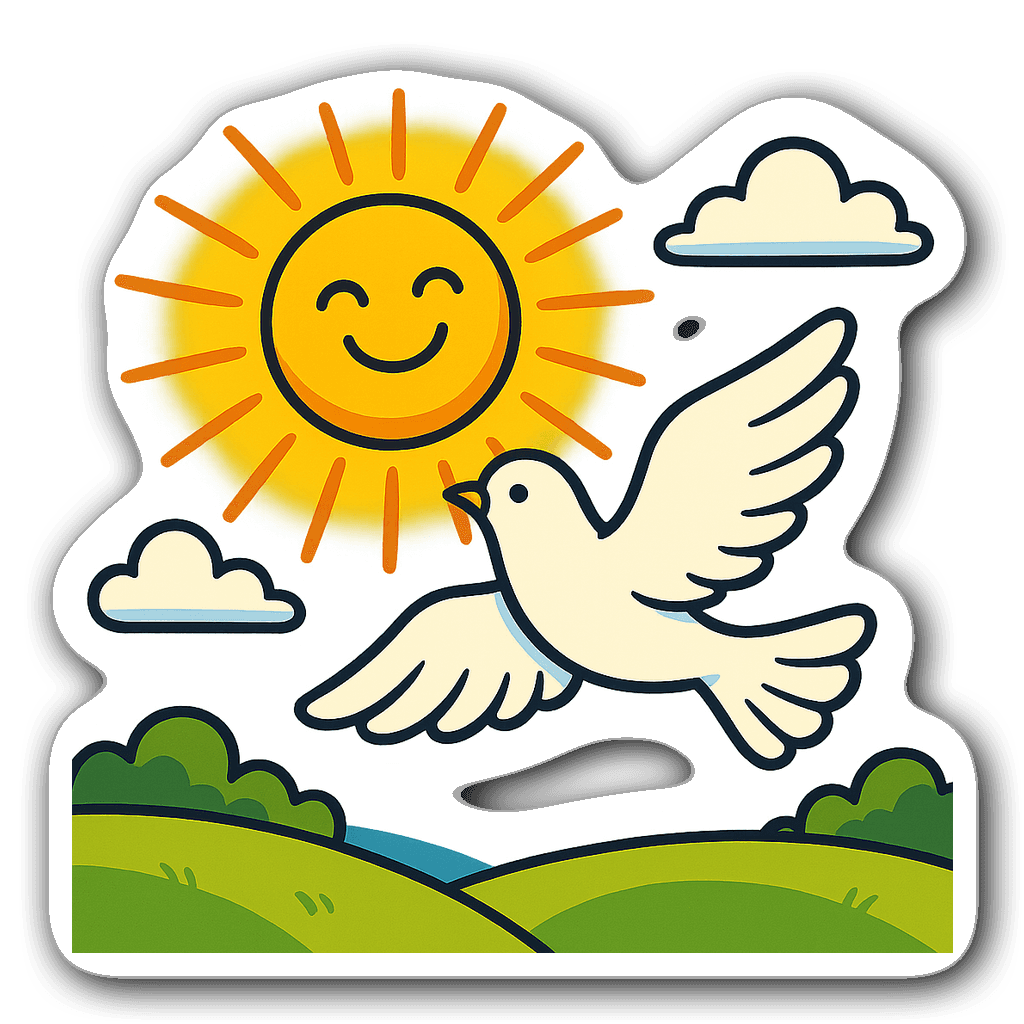 Comic book style sticker with a sun and dove symbolizing faith