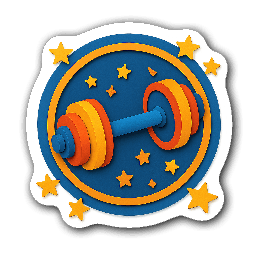 Vibrant dumbbell sticker surrounded by stars in a layered design.