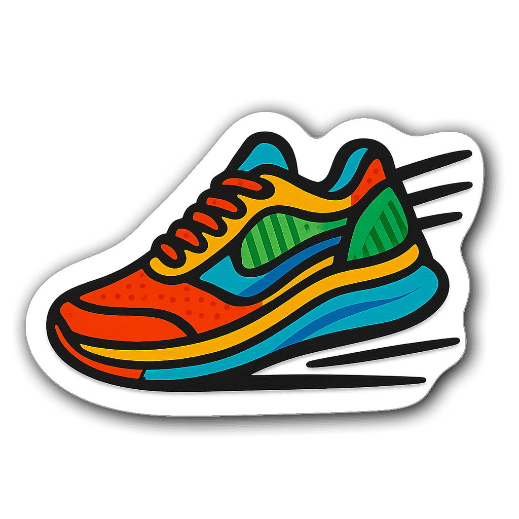 Running shoe die-cut sticker with colorful patterns and motion swooshes