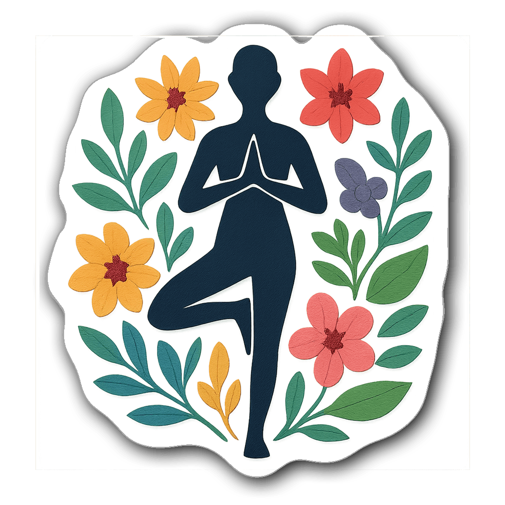 Yoga pose silhouette with floral elements and transparent background.
