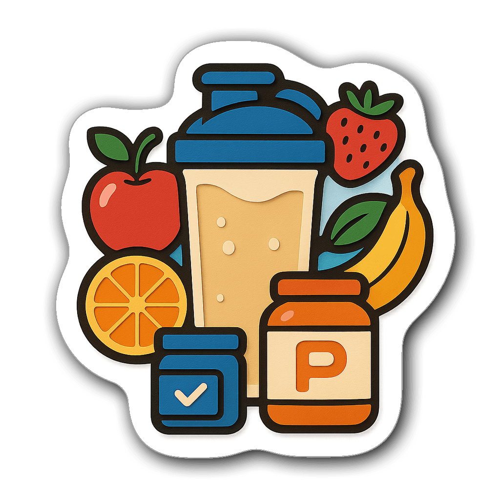 Colorful protein shaker bottle surrounded by fruits and supplements