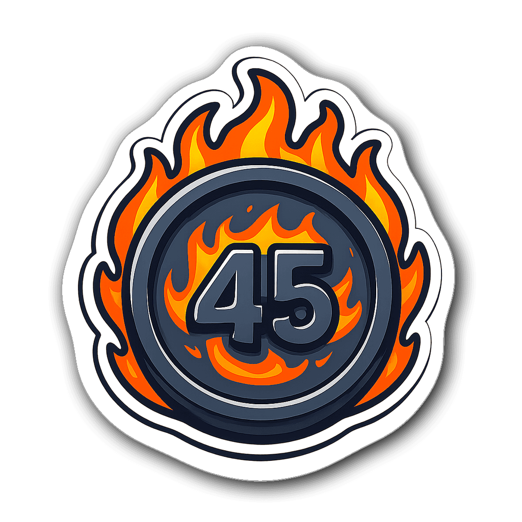 Cartoonish weightlifting plate sticker with flames