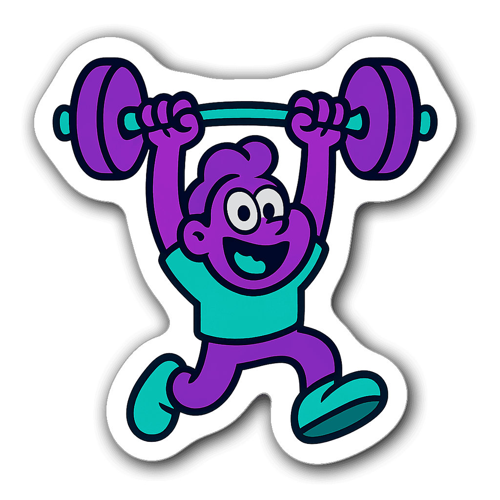 Cartoon character lifting a barbell in bright colors
