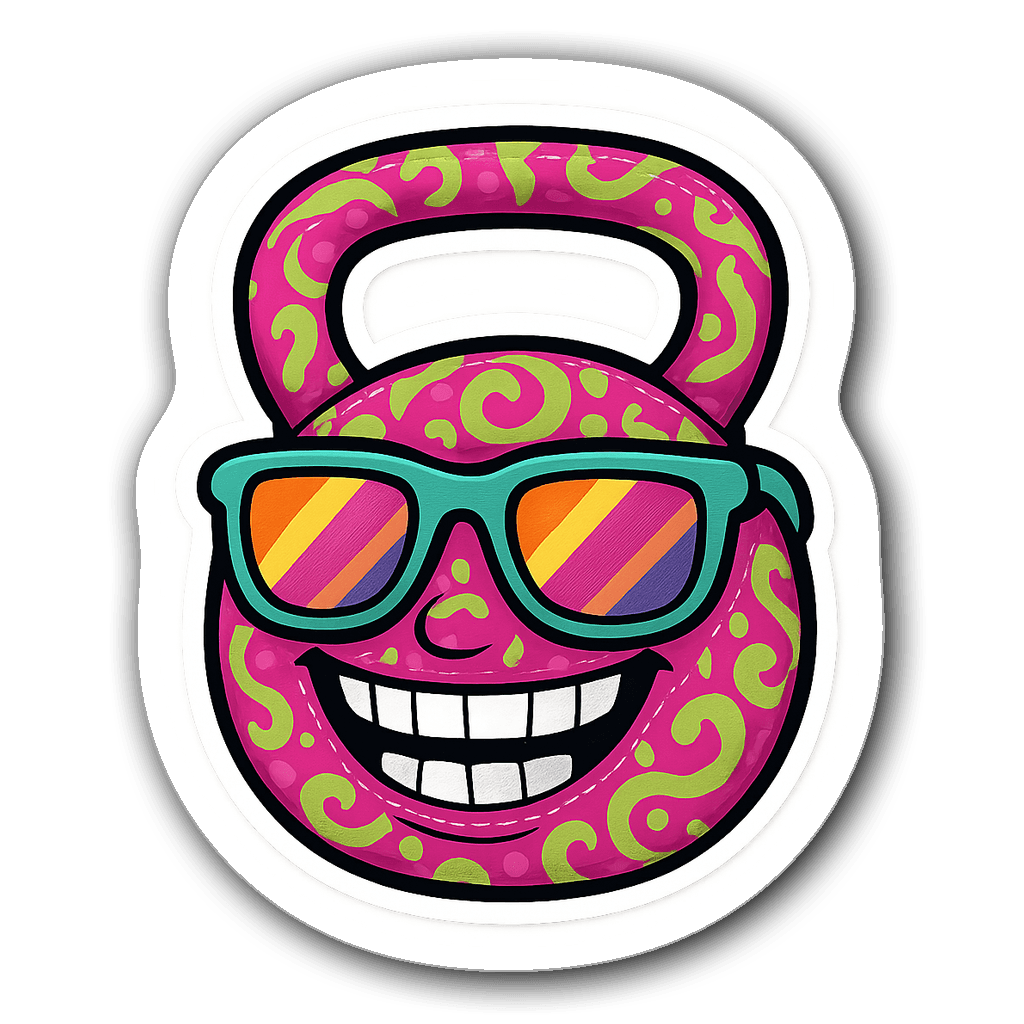 Funky kettlebell sticker with smile and sunglasses