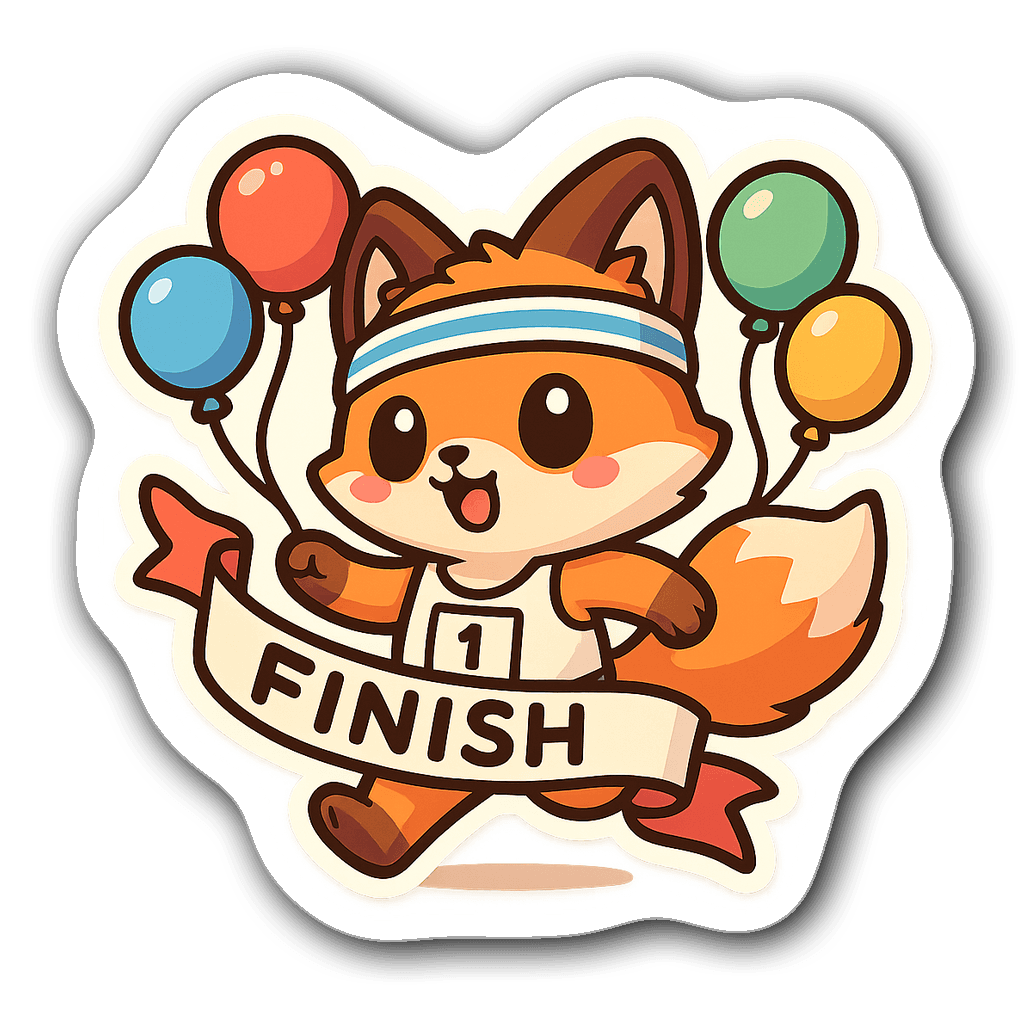 A cute chibi fox running with a bib and sweatband at a finish line
