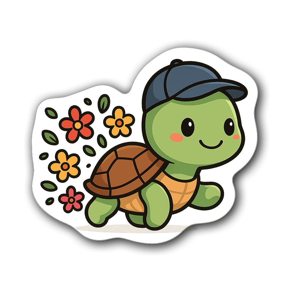Kawaii chibi turtle in running cap with flower trail sticker