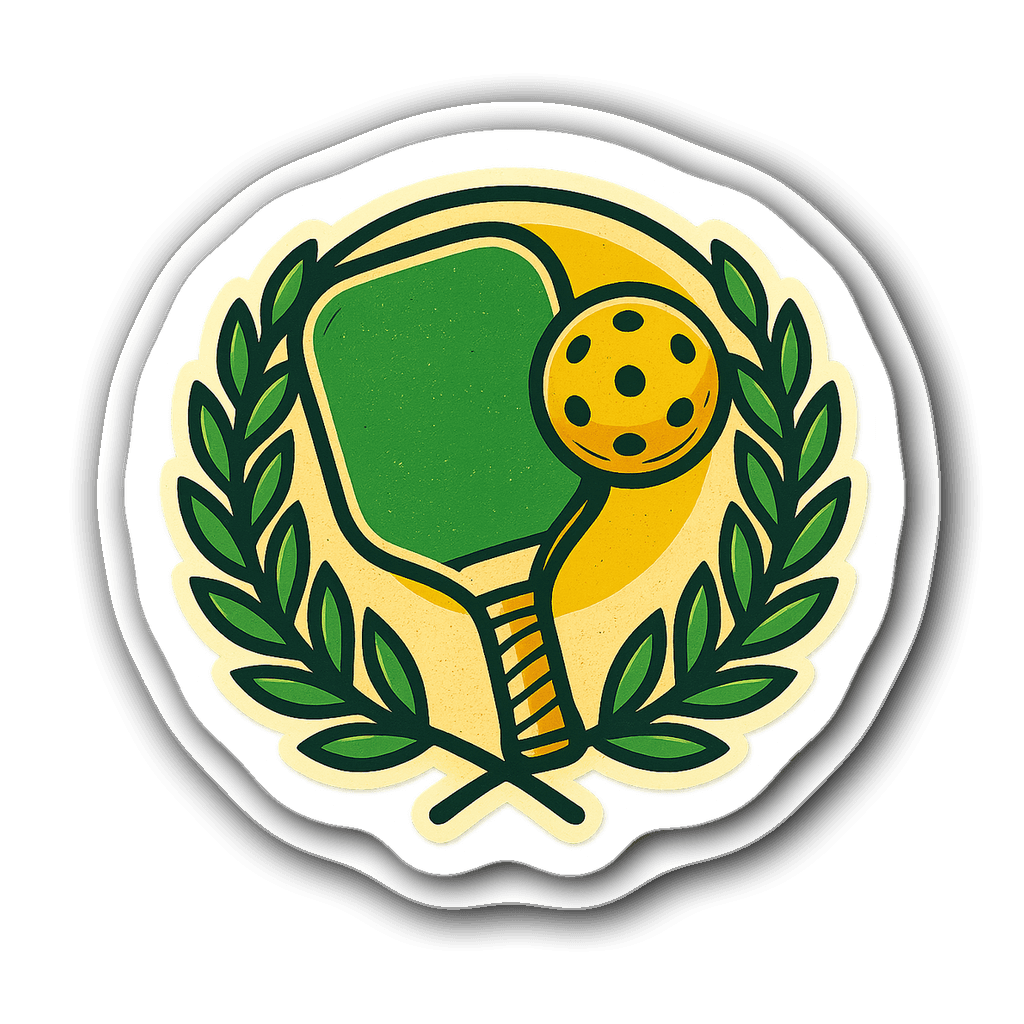 Retro vintage badge emblem featuring a pickleball paddle and ball