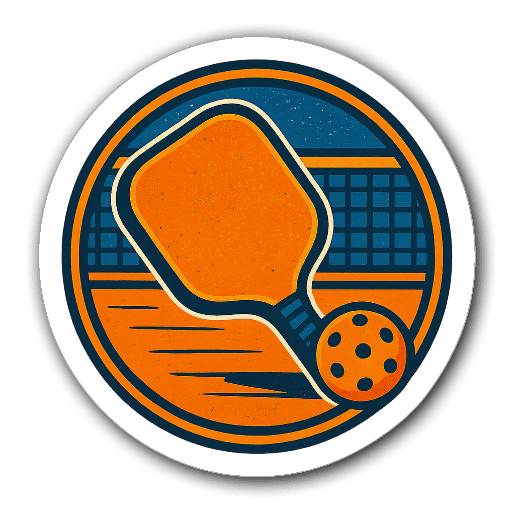 Vintage Pickleball emblem with paddle and net in bold colors