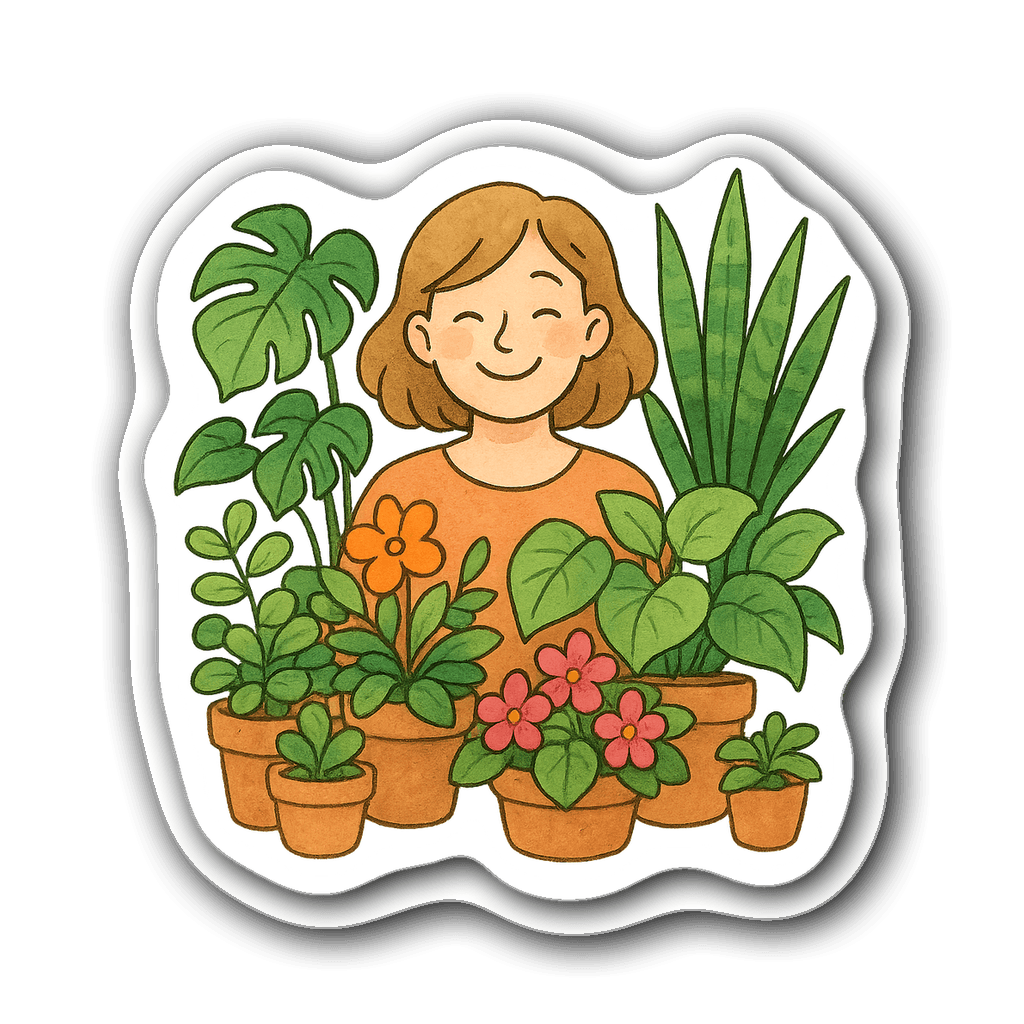Watercolor illustration of a smiling plant mom with potted plants