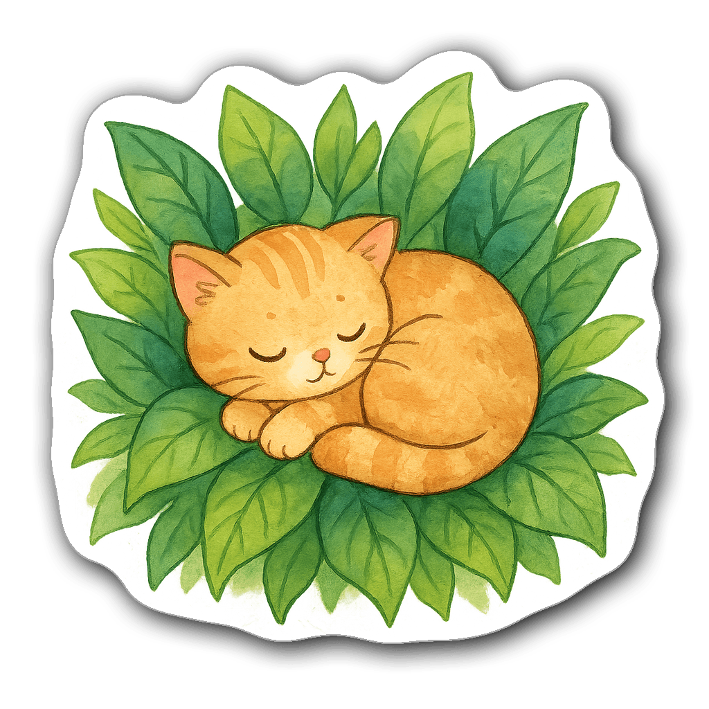 Whimsical watercolor sticker of a sleeping cat on plant leaves