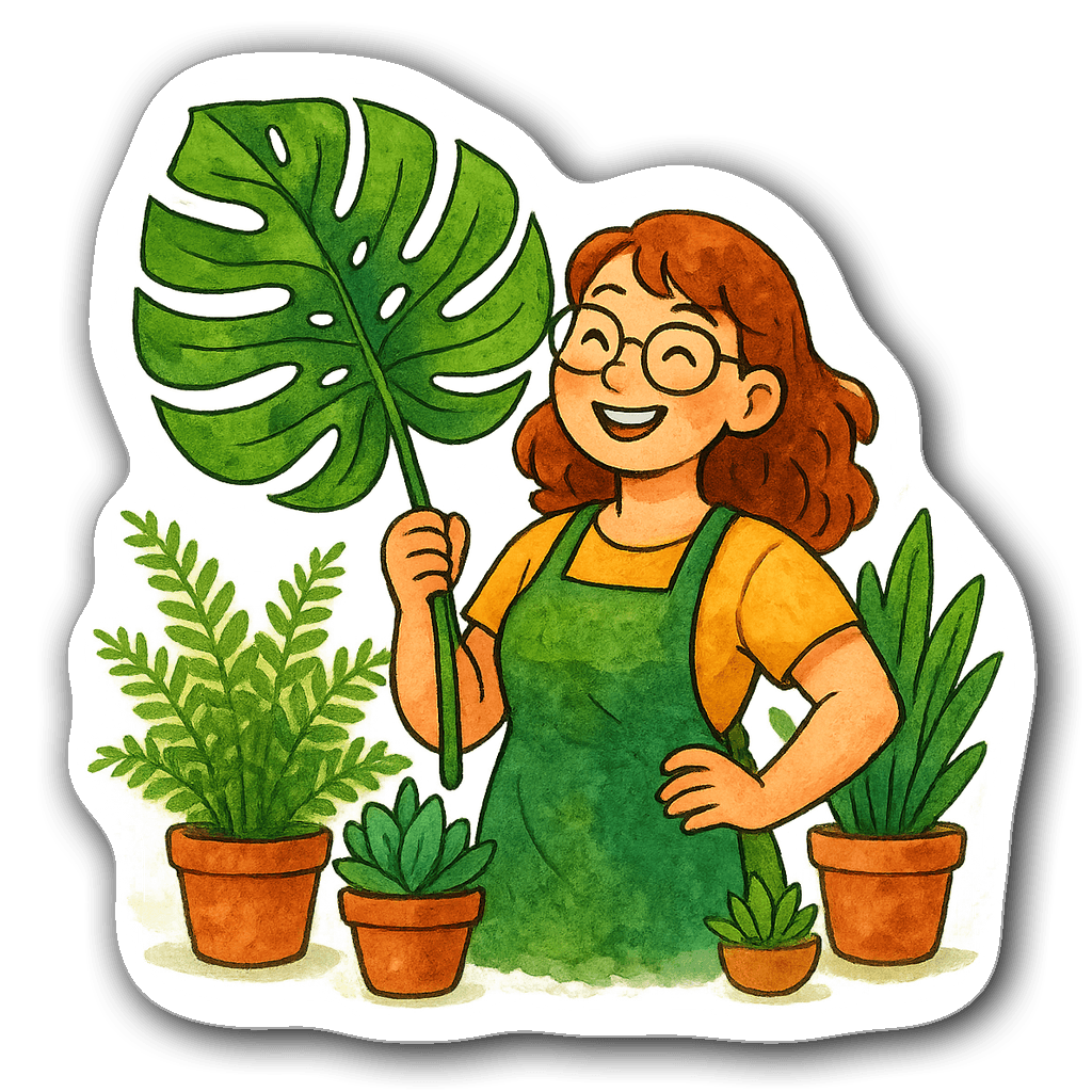Watercolor sticker of a cheerful plant mom with houseplants