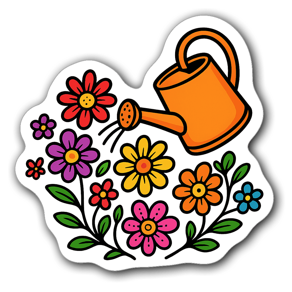 A vibrant cartoon watering can pouring flowers in the air