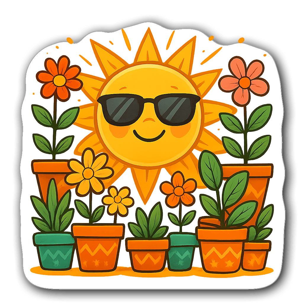 Cheerful sun wearing sunglasses surrounded by potted plants and flowers