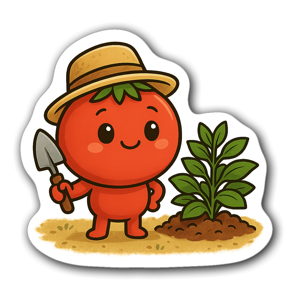Adorable anthropomorphic tomato with shovel among plants