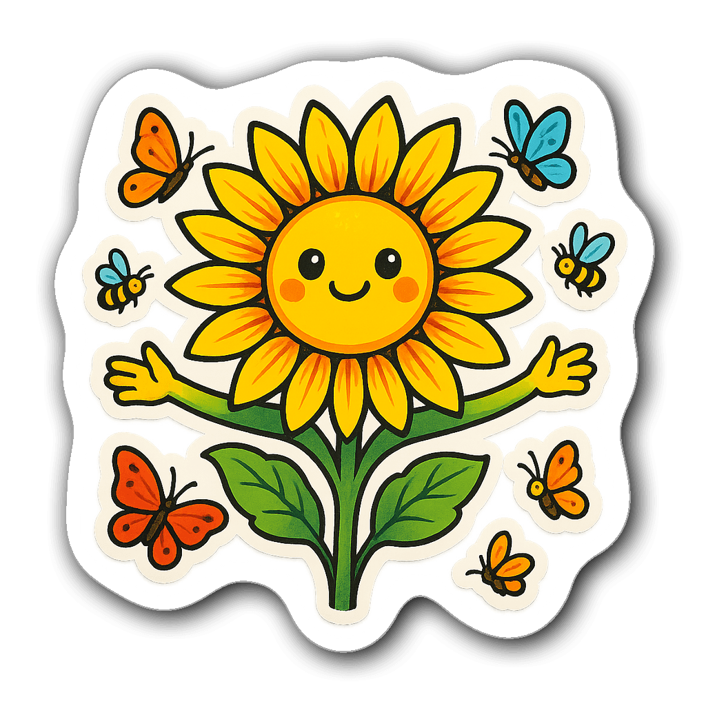 Colorful sunflower sticker with butterflies and bees design