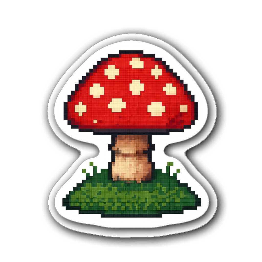 Red mushroom with white spots on a grassy hill in pixel art style
