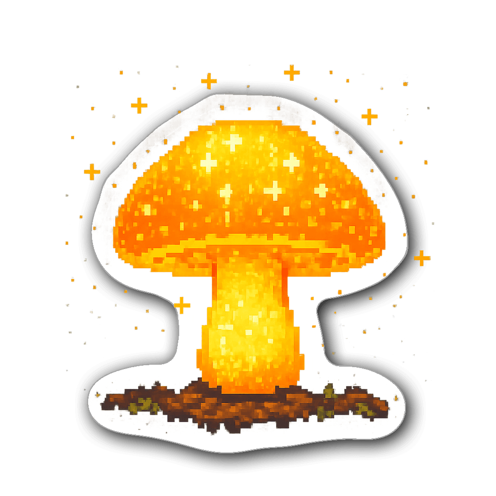 Brightly colored glowing mushroom in pixel art style sticker