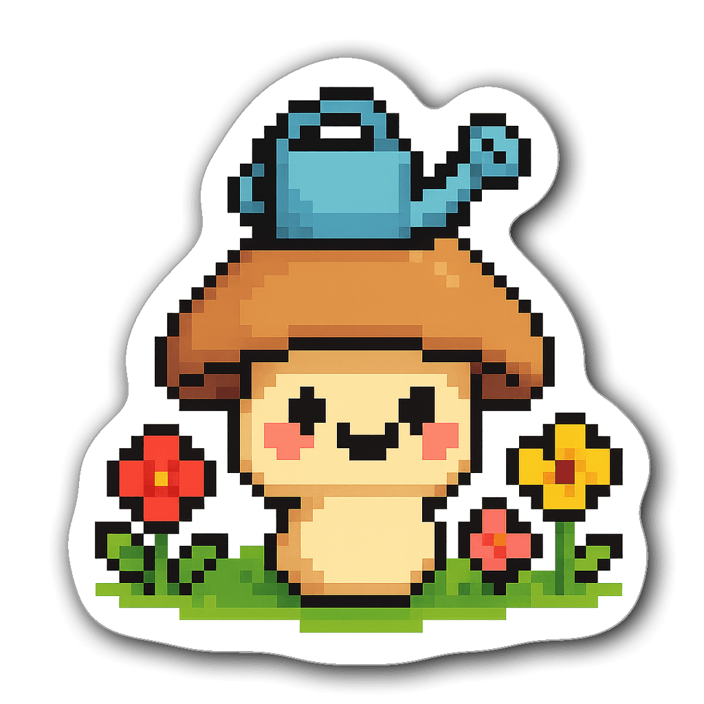 Cute smiling mushroom with watering can hat and flowers