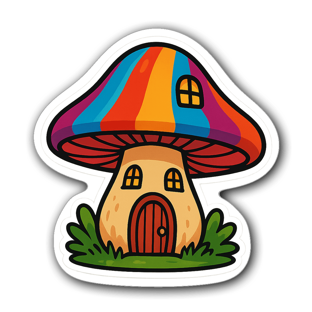 Colorful fairytale mushroom house sticker with windows