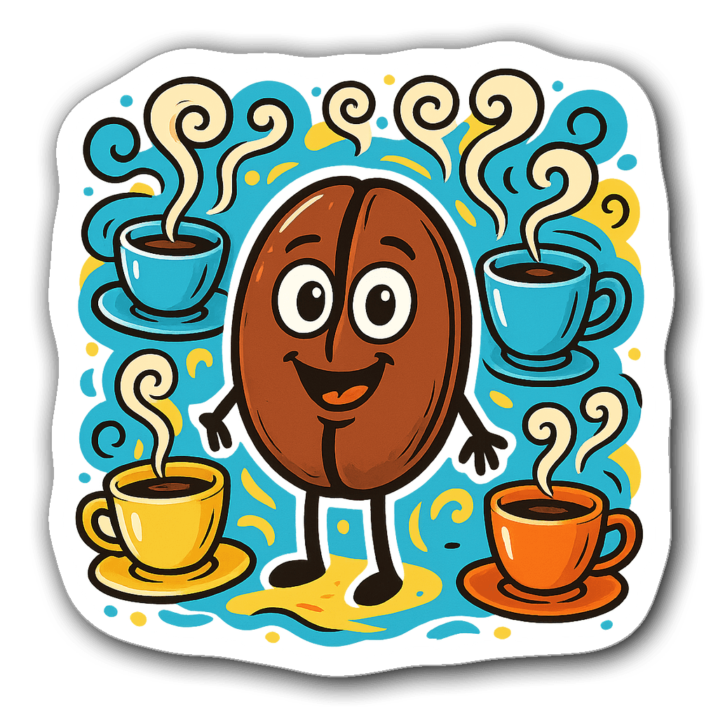A whimsical coffee bean with eyes and cups in vibrant colors
