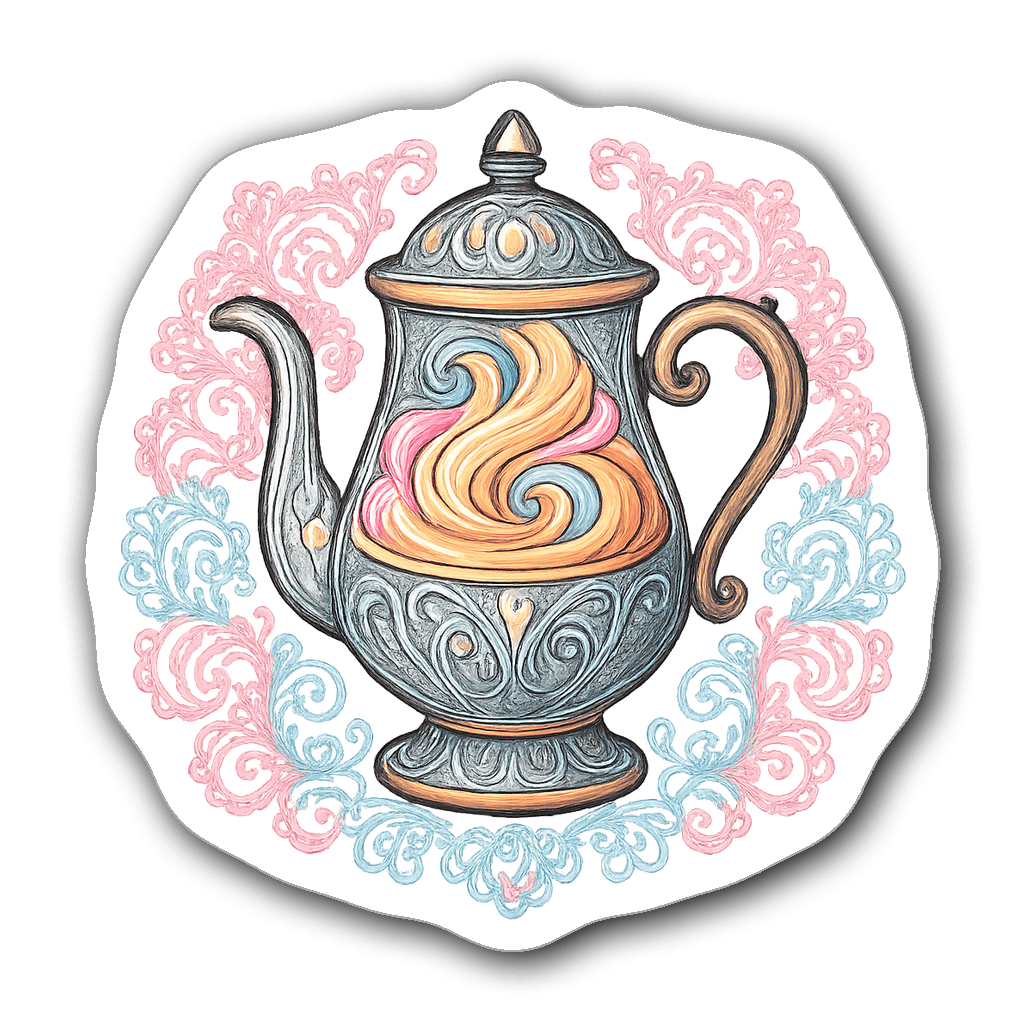 Stained glass style coffee pot sticker in pastel colors
