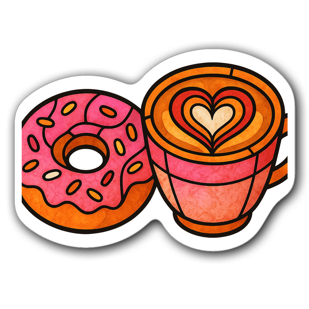 Whimsical stained glass sticker of a donut and latte art heart