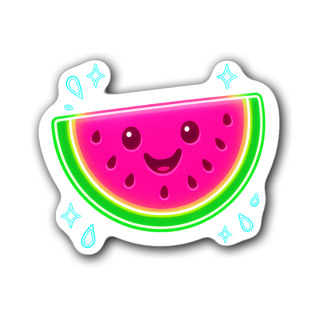 Cheerful neon glow watermelon sticker with droplets