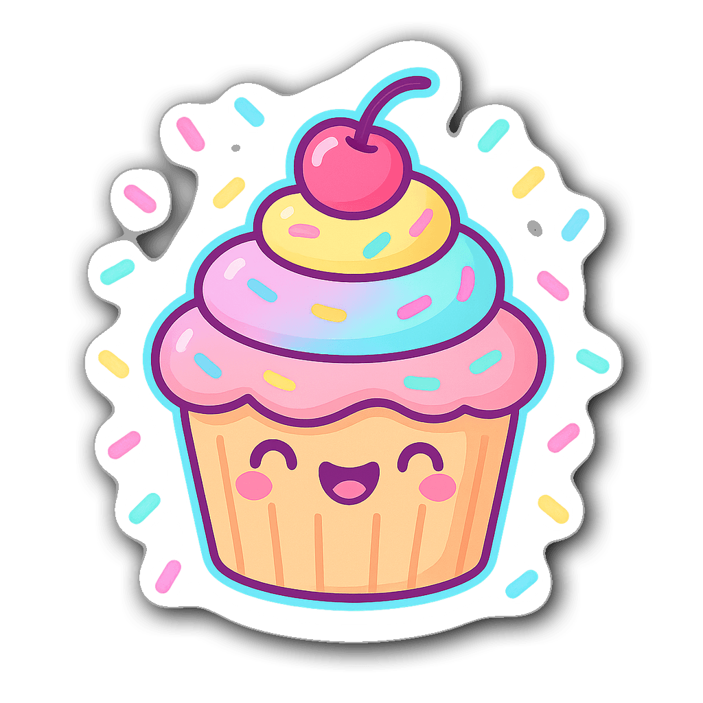 Cute neon glow cupcake sticker with colorful frosting and sprinkles