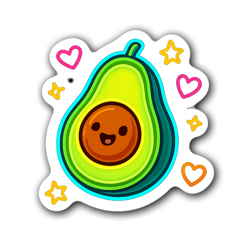 Cute cartoon neon avocado sticker with smiling face and hearts