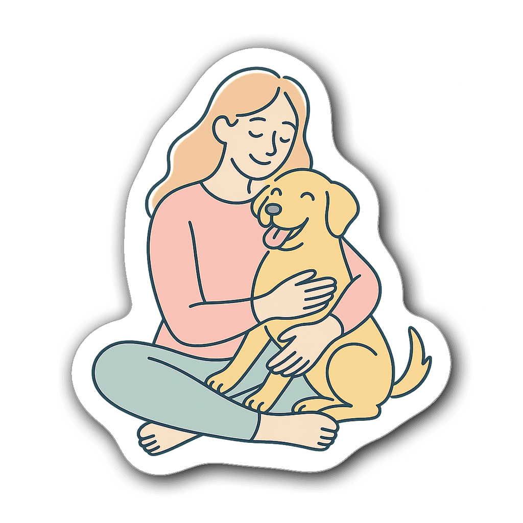 Whimsical pastel line drawing of a woman with her dog