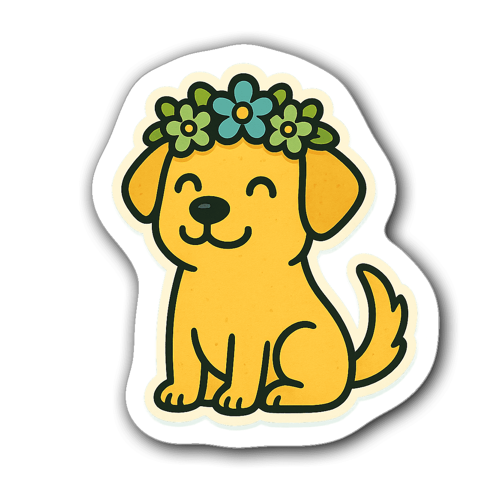 Dog sticker featuring cartoon dog in flower crown and paw prints