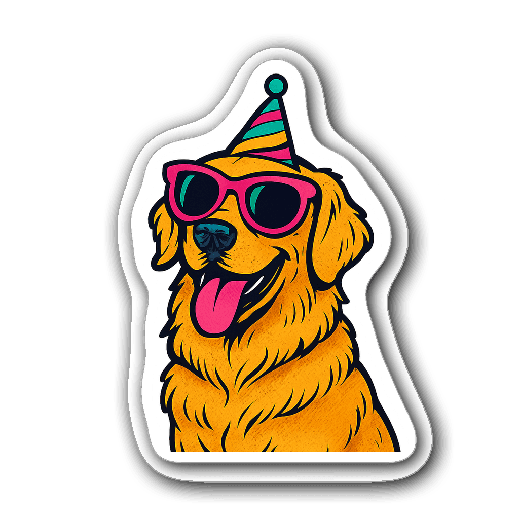 Pop art sticker of a golden retriever with sunglasses and a party hat