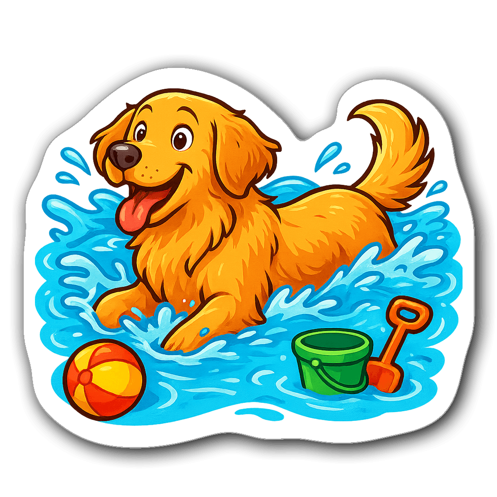 Golden retriever paddling in a blue pool with beach toys.