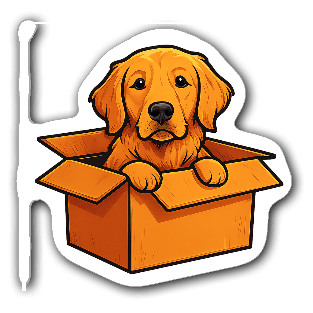 Golden retriever peeking out of a cardboard box in pop art style