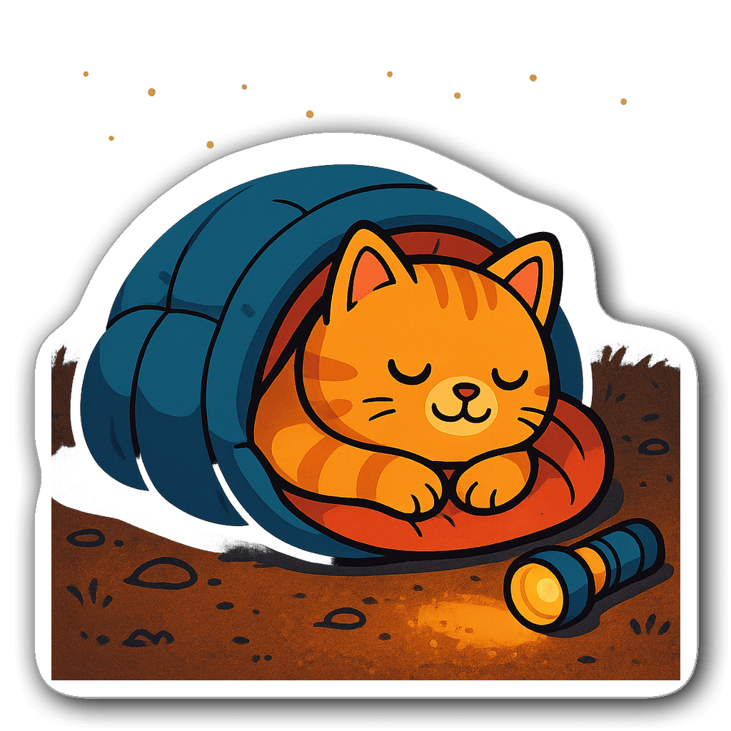 Cartoon cat curled up in a sleeping bag with a flashlight