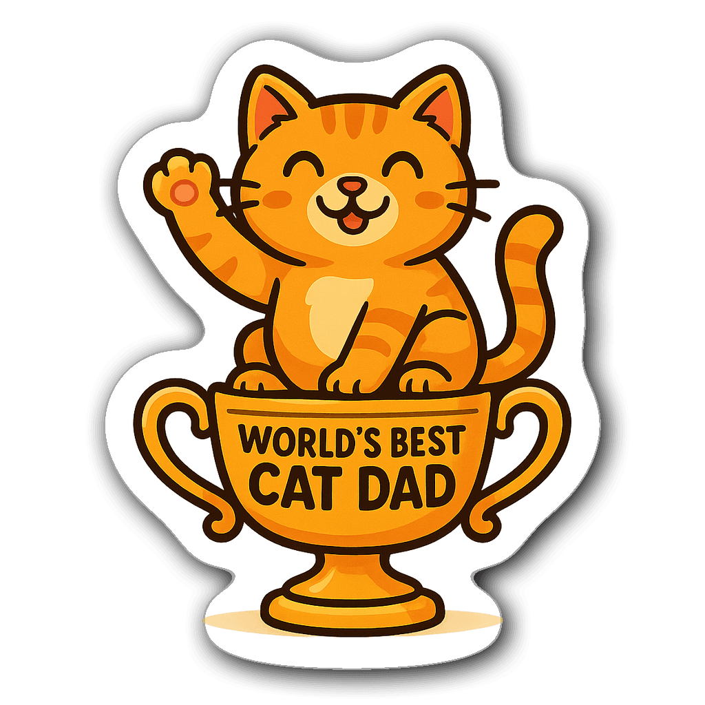 Cute cat holding a trophy that says World's Best Cat Dad