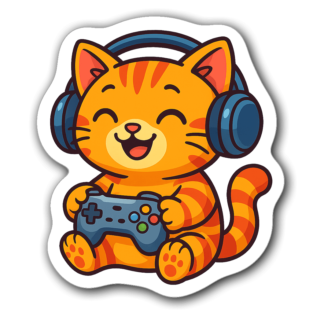 Cute cartoon gaming cat with headphones and game controller