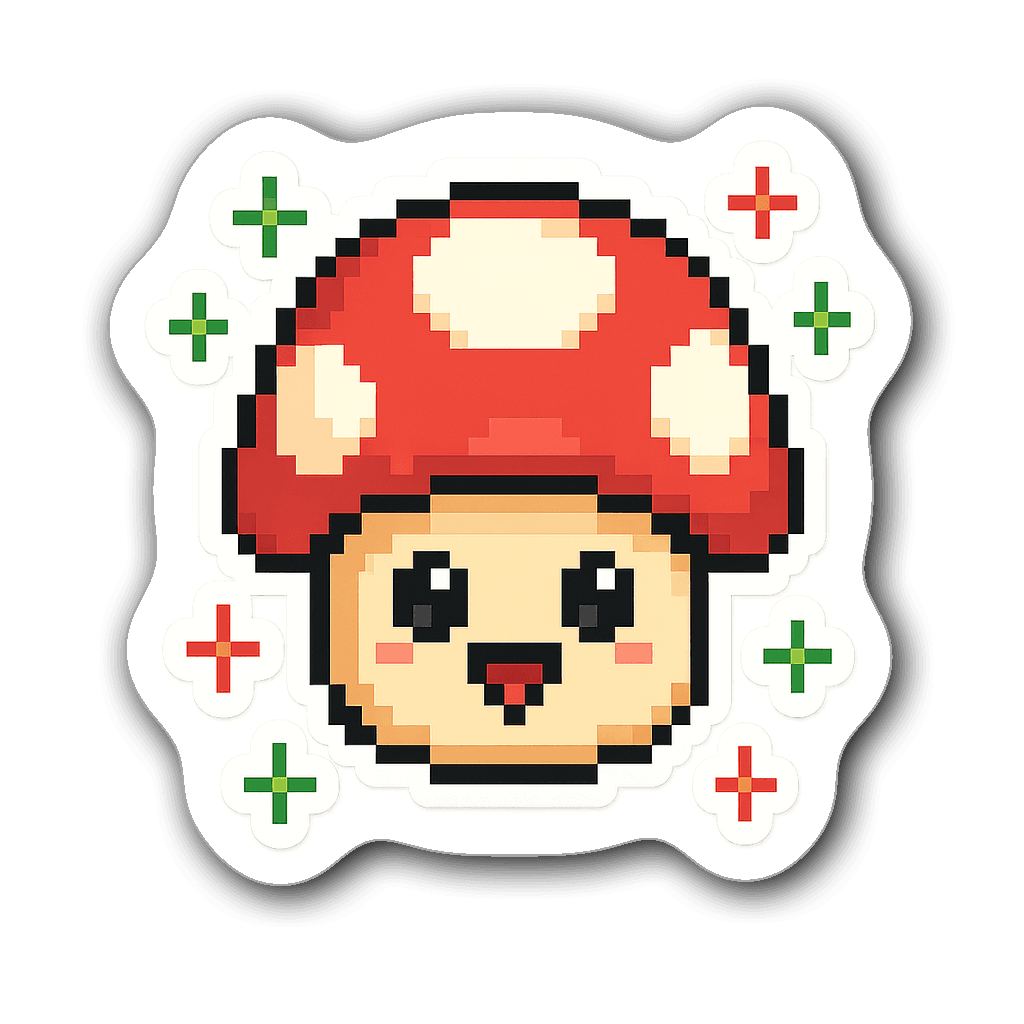 Kawaii chibi-style pixelated mushroom with sparkly eyes