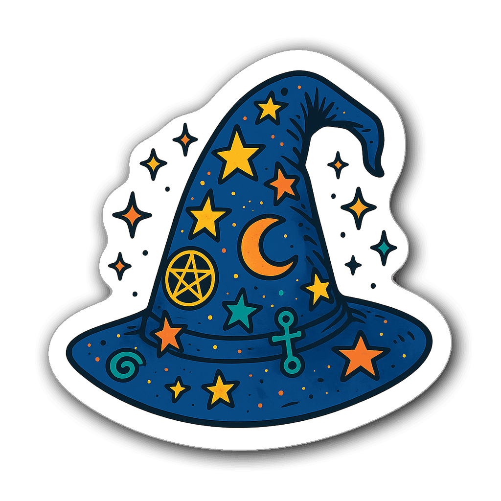 Intricately designed wizard hat sticker with magical symbols