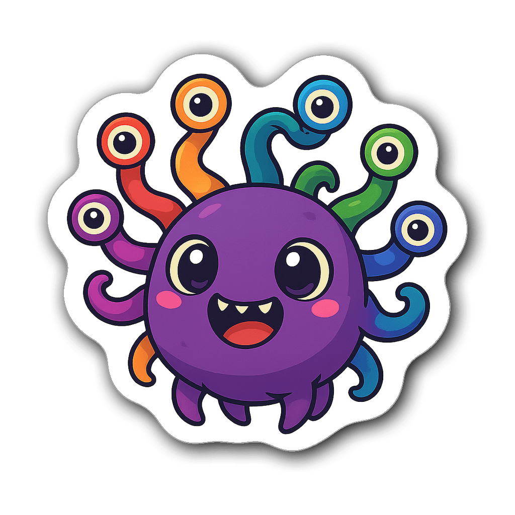 Chibi beholder sticker with big eyes and colorful tentacles