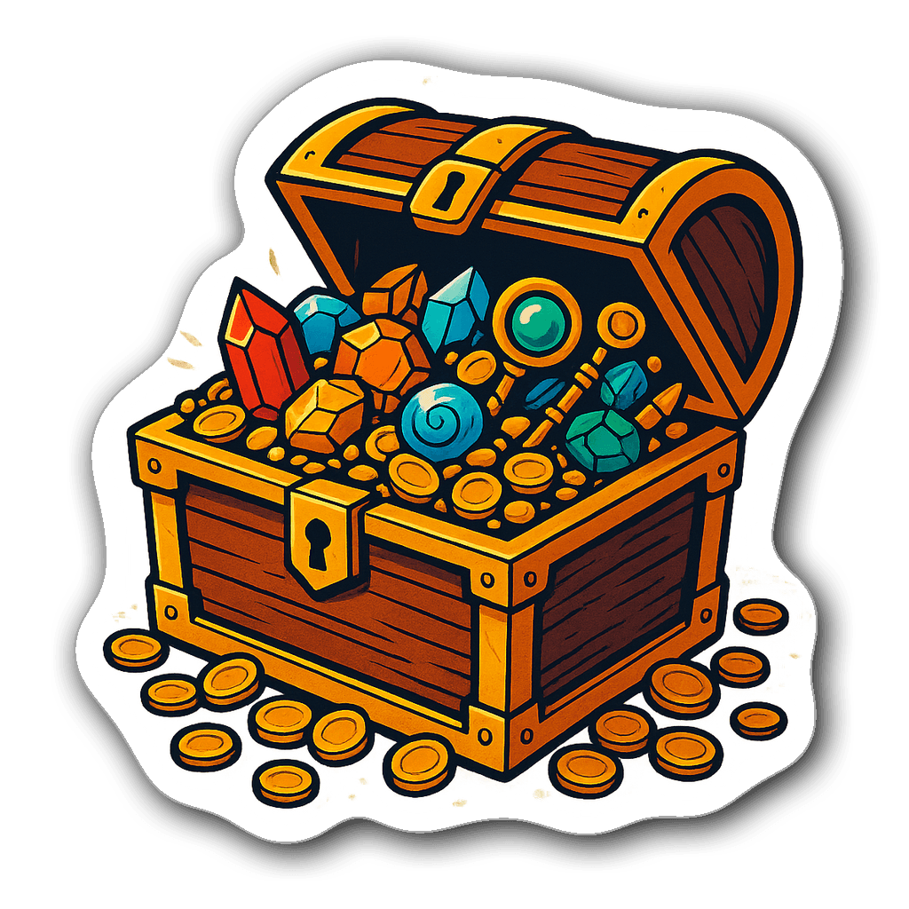 Retro-style DnD treasure chest bursting with colorful gems and coins