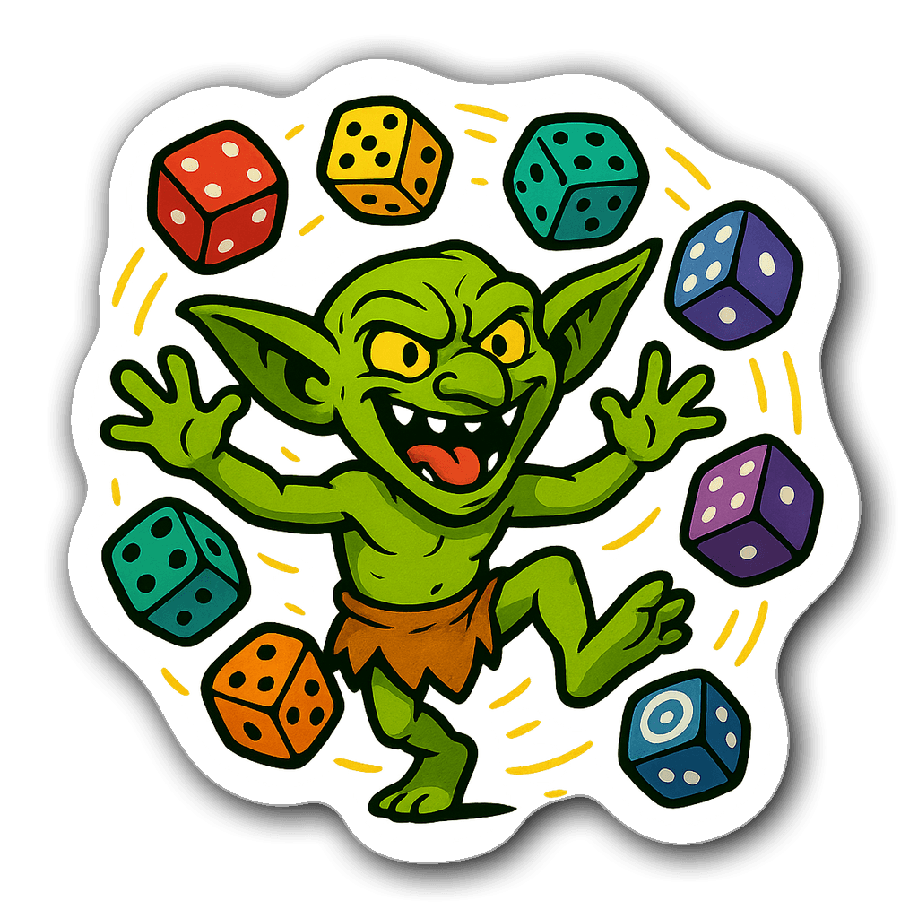 Playful dice goblin surrounded by colorful flying dice sticker
