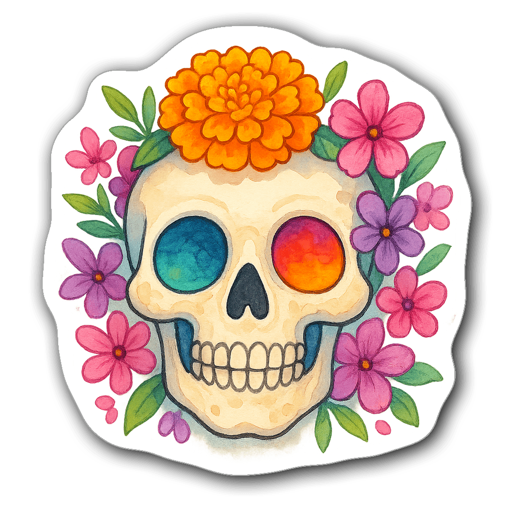 Watercolor skull with colorful flowers and marigold crown