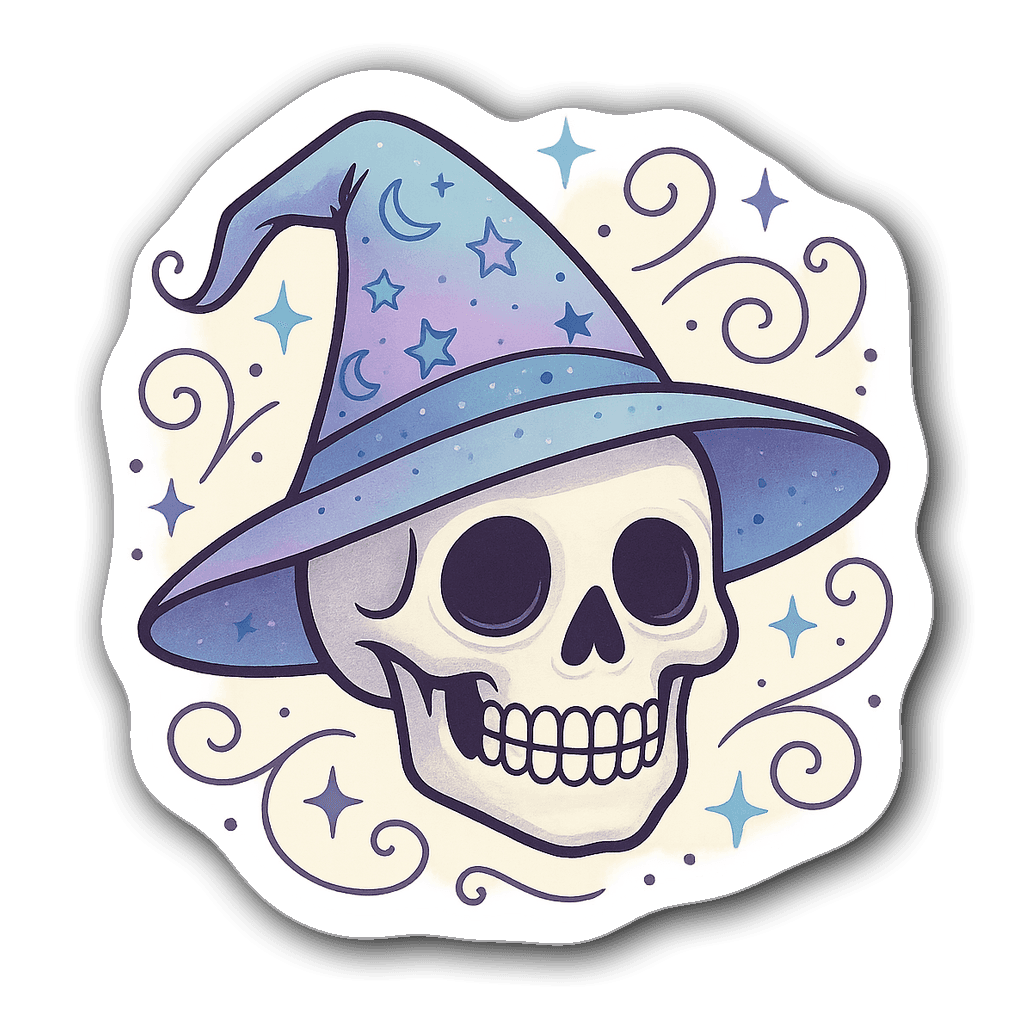 Pastel-colored skull wearing a witch's hat with stars and moons