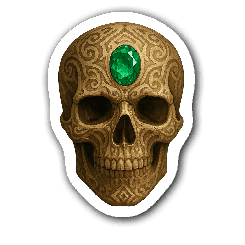 Watercolor illustration of an ornate skull with tribal patterns